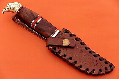 10" custom skinning knife with eagle pomel, trailing point blade, Leather sheath