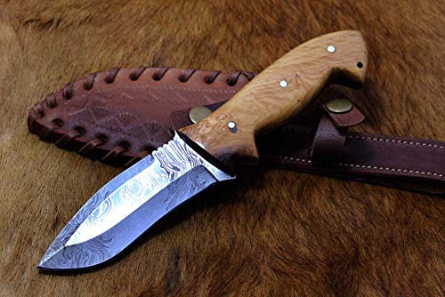 9" Long Hand Forged Damascus Steel Full Tang Skinning Knife, Yellow Polished KOW Wood Scale with Inserting Hole, Cow Hide Leather Sheath Included