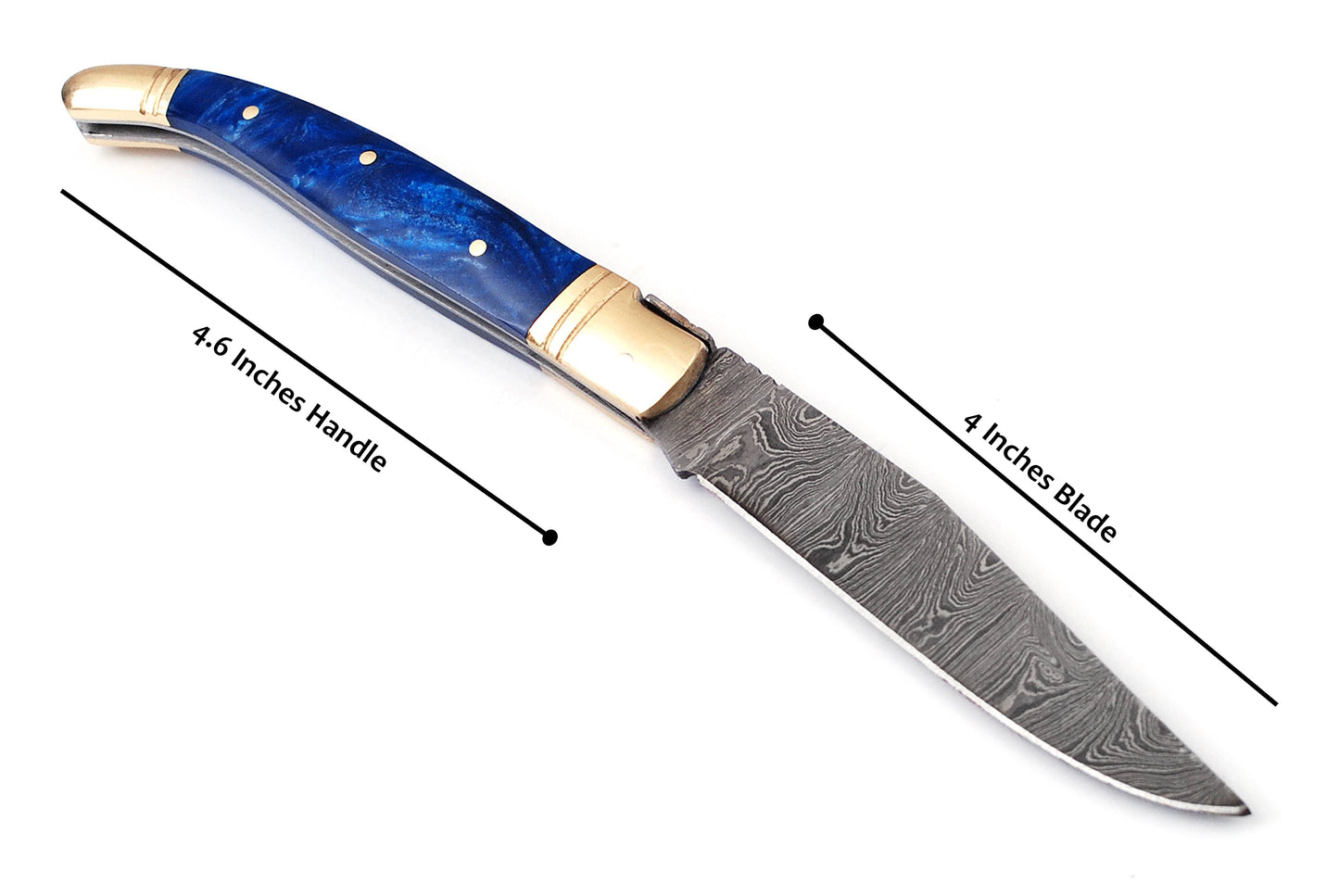 Laguiole Folding Damascus steel knife, 8.6" Long with 4.1" hand forged custom twist pattern Blade. Off white unshrinkable Raisen scale with brass bolster and Pommel. Cow hide leather sheath included (White Raisen)