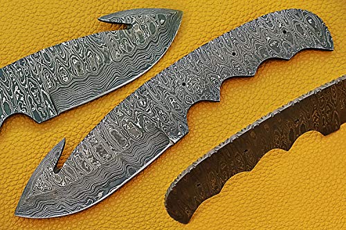 9 inches Long Hand Forged Trailing Point Gut Hook Skinning Knife Blade, Knife Making Supplies, Damascus Steel Blank Blade Pocket Knife with 3 Pin Hole, 3.75 inches Cutting Edge, 4" Scale Space