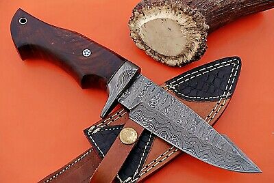 9" Long trailing point Damascus Steel skinning Knife, Walnut wood, Sheath