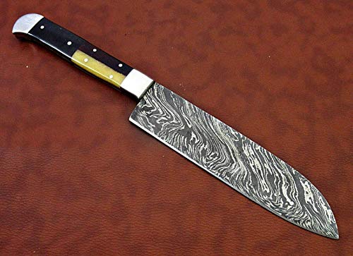 Damascus Steel Santoku Knife, 13 Inches Long with 7" Long Hand Forged Blade, Combination of Walnut Wood, Camel Bone & Bull Horn Scale with Steel Bolster