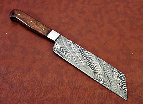 12 Inches Long Custom Made Damascus Steel Full Tang Butcher Knife 7" Full Tang Blade Blade Natural Kow Wood Scale with Brass Bolster