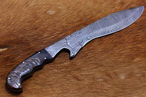 16" Long Hand Forged Damascus Steel Hunting Bowie Knife, Ram Horn Scale with Damascus Bolster and Finger Guard, Cow Hide Leather Sheath with Belt Loop Included