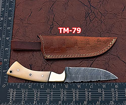 9" Long Drop Point Blade Skinning Knife, Hand Forged Twist Pattern Damascus Steel Full Tang Blade, Natural Camel Bone Scale with Brass Bolster, Cow Leather Sheath