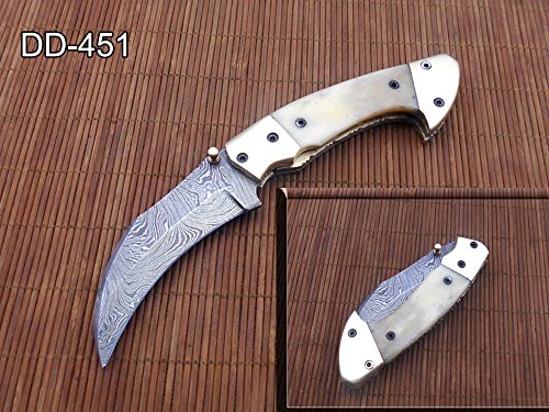 8" long Folding Knife with pocket clip, Hand forged Damascus steel 3.5" blade. Available in Walnut wood, Bull horn, Ram Horn, Red & Blue scale with Damascus Bolster, Cow hide Leather sheath