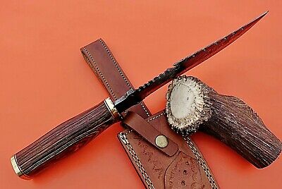 Damascus steel Gut hook hunting knife, Finger guard wood scale, leather Sheath