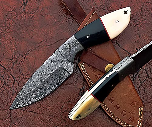 9" Long Spear Point Blade Skinning Knife, Hand Forged Rain Drop Pattern Damascus Steel Full Tang Blade, Camel Bone and Bull Horn Scale with Damascus Bolster, Cow Leather Sheath