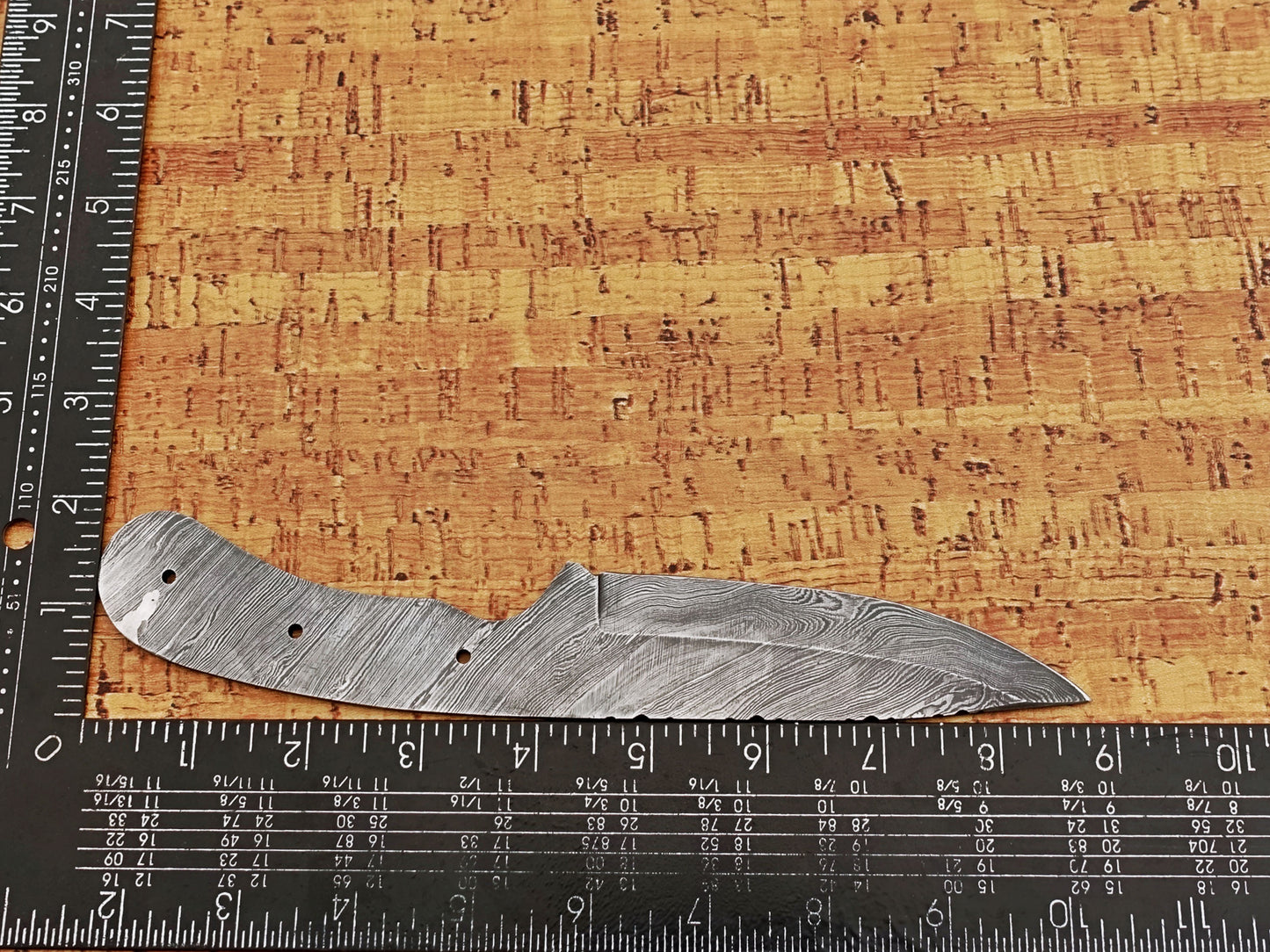 8.75 inches long drop point blank blade, hand forged twist pattern Damascus steel blank blade skinning knife with 3 Pin hole & finger groove, 4.5 inches cutting edge