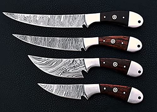 4 pieces Damascus steel fillet knife set, over all 40" long knives set with walnut wood scale and steel bolsters, includes leather travel bag
