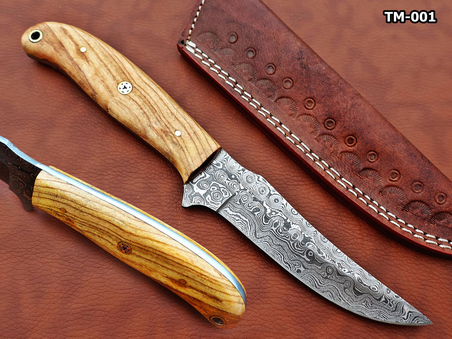 9.5" straight back blade skinning knife, 5" full tang Rain drop pattern Damascus steel blade, Available in 4 colors,  includes Cow hide Leather sheath