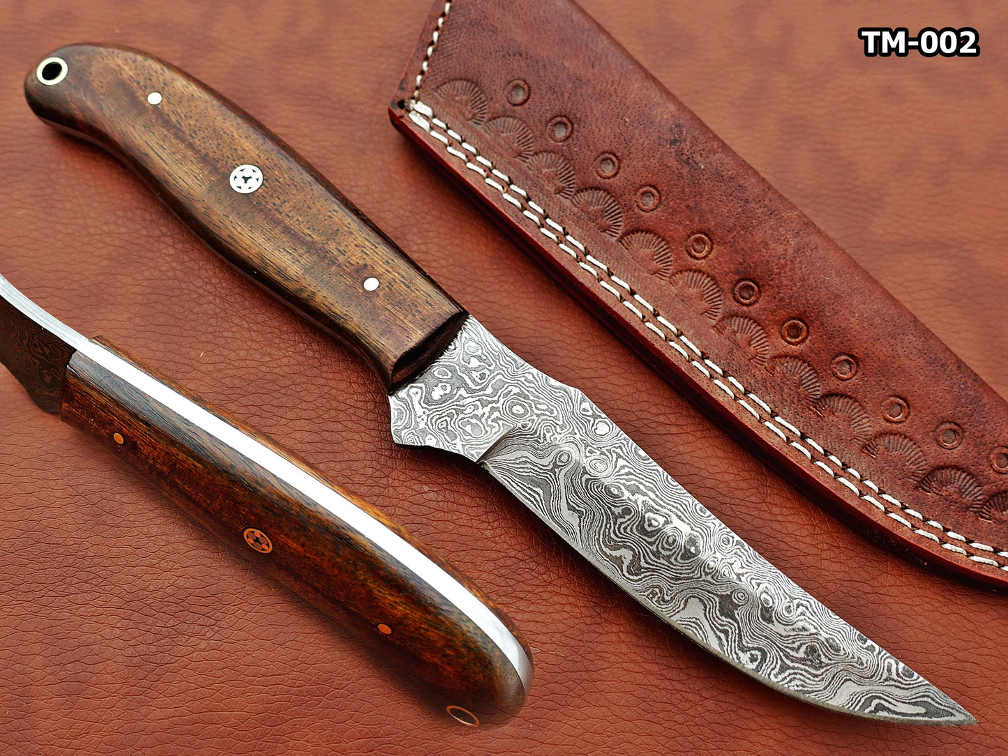 9.5" straight back blade skinning knife, 5" full tang Rain drop pattern Damascus steel blade, Available in 4 colors,  includes Cow hide Leather sheath