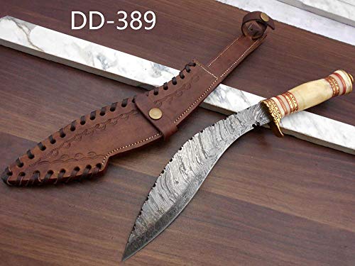15 Inches Long Hand Forged Damascus Steel Kukri Knife, 10" Long Blade, Custom Made Hand Crafted Scale with Engraved Brass, Includes Cow Hide Leather Sheath