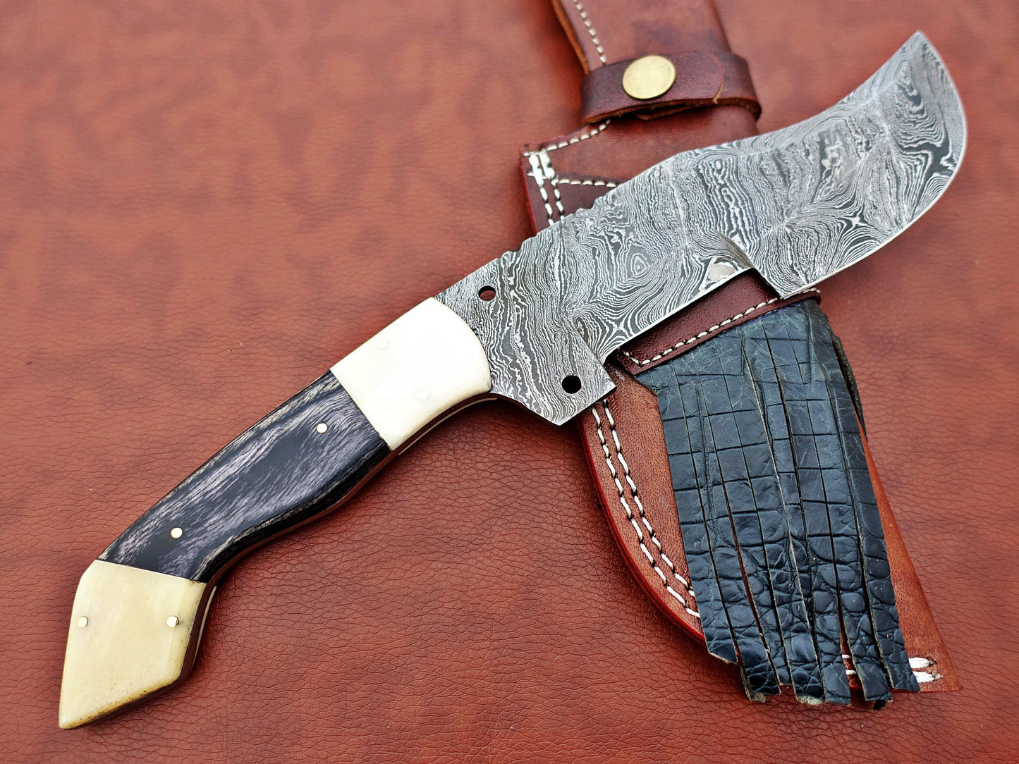 12" Long hand forged twist pattern full tang Damascus steel tracker knife, 2 tone dollar wood scale with Camel bone Bolster & pomel, Cow leather sheath