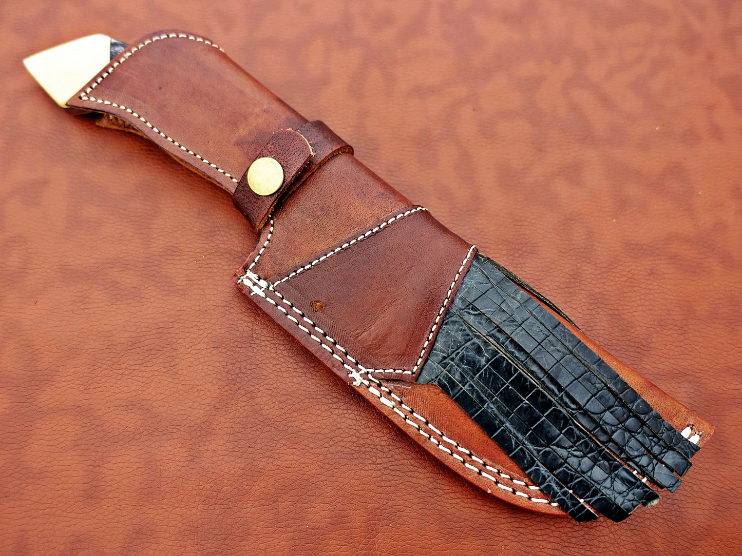 12" Long hand forged twist pattern full tang Damascus steel tracker knife, 2 tone dollar wood scale with Camel bone Bolster & pomel, Cow leather sheath