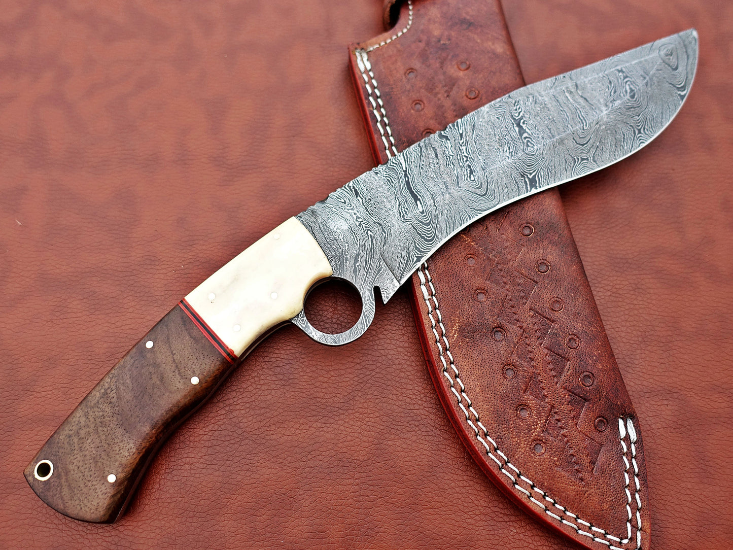 13" Long hand forged Damascus steel Nessmuk machete with finger hole, Rose wood scale with inserting hole, Cow Leather sheath (Copy)