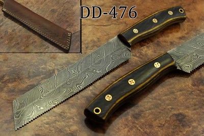 11.5" hand forged Damascus steel bread knife with 7" long serrated cutting edge, Cow Leather sheath included