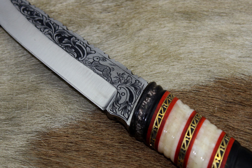 11" Hand engraved stainless steel skinning knife, Custom made scale, Cow sheath