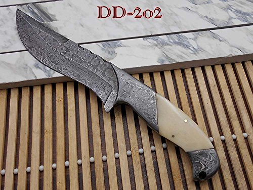 10.2 Long hand forged Damascus steel skinning Knife,5.2" full tang blade, Camel bone scale with Damascus bolster, Cow hide Leather sheath
