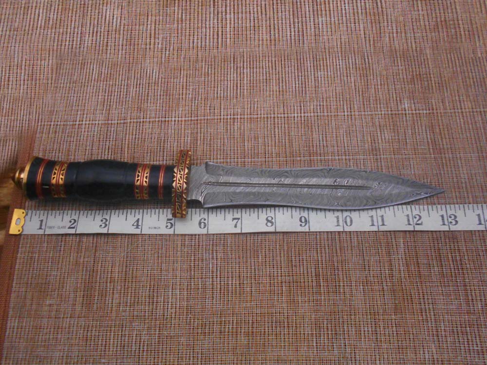 13 Inches long custom made Hand Forged Damascus Steel dagger Knife With 9" blade, exotic engraved brass scale cow leather sheath