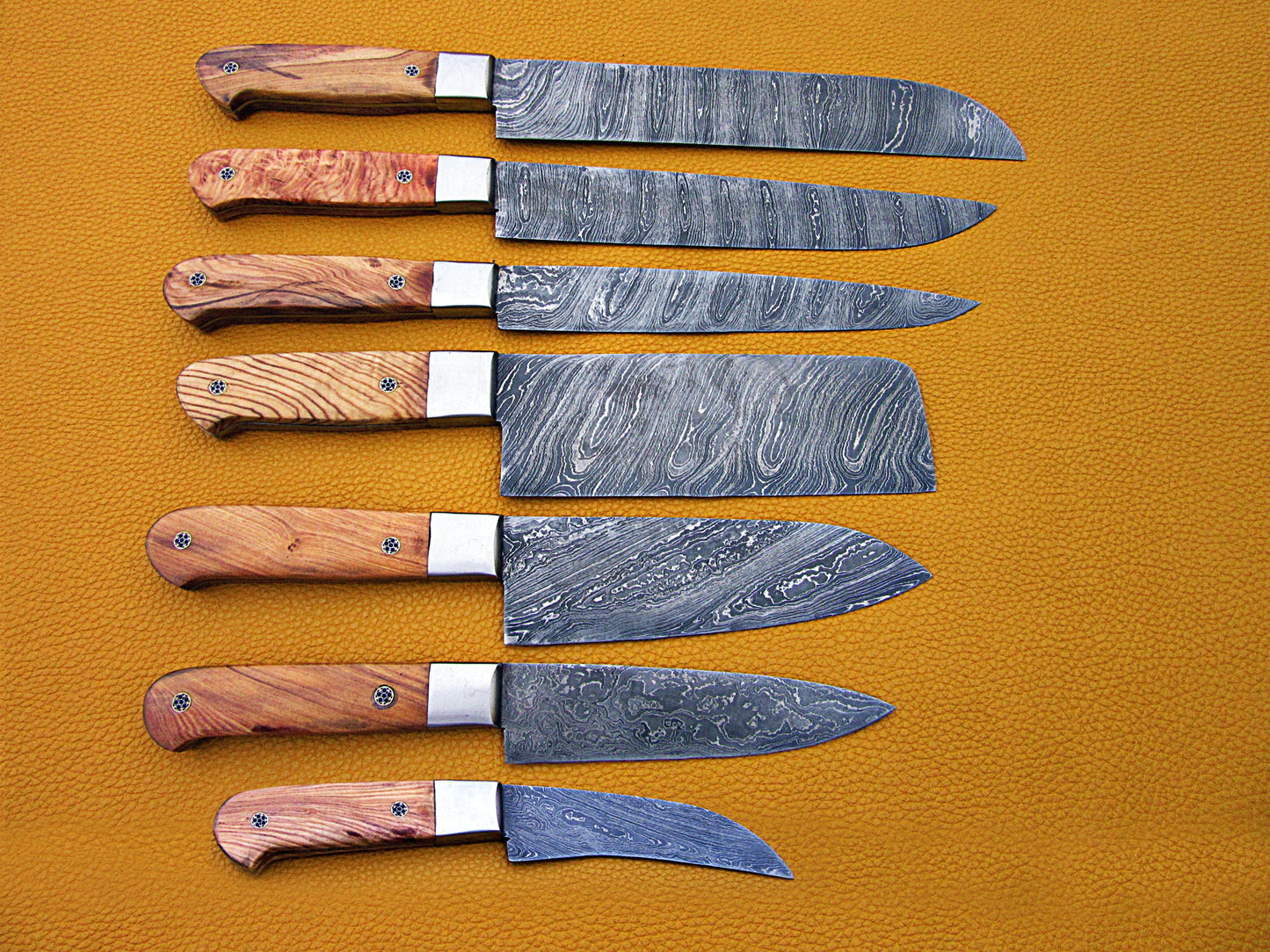 7 pieces Custom made hand forged Damascus steel full tang blade kitchen knife set, Over 75 inches Length of Damascus sharp knives (15+14+13.5+12+11+10+9) Inches, Cow hide Leather sheath