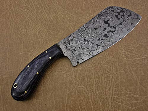 9.5" hand forged rain drop pattern Damascus steel Butcher knife, Meat cleaver, 2 tone Brown wood scale, Rain drop pattern Damascus Steel 3 mm blade