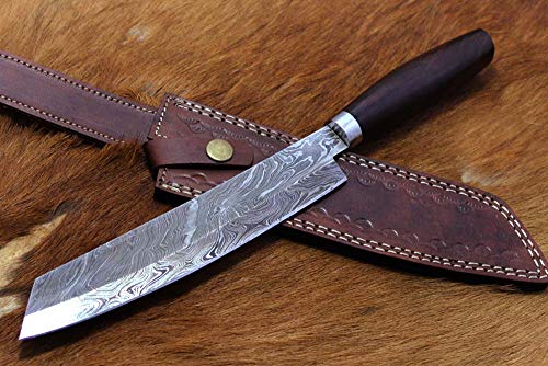 13 inches long hand forged Damascus steel kitchen knife with walnut wood round scale, 6.5 inches cutting edge steak knife with Leather sheath