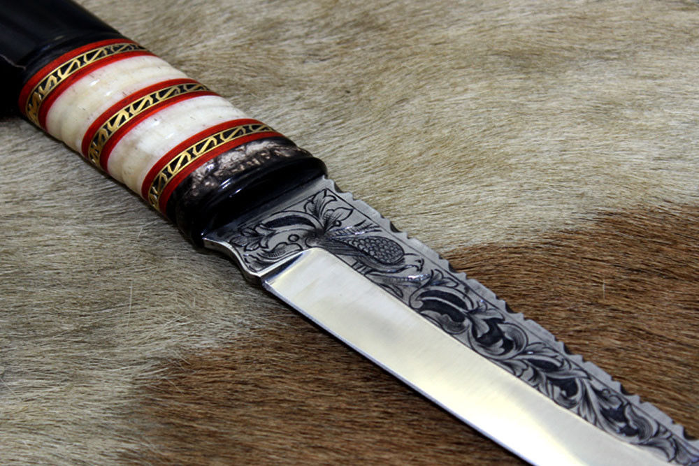 11" Hand engraved stainless steel skinning knife, Custom made scale, Cow sheath