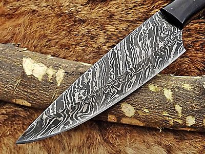9" long Damascus Steel kitchen Knife 5.5" long full tang Hand Forged blade, Horn