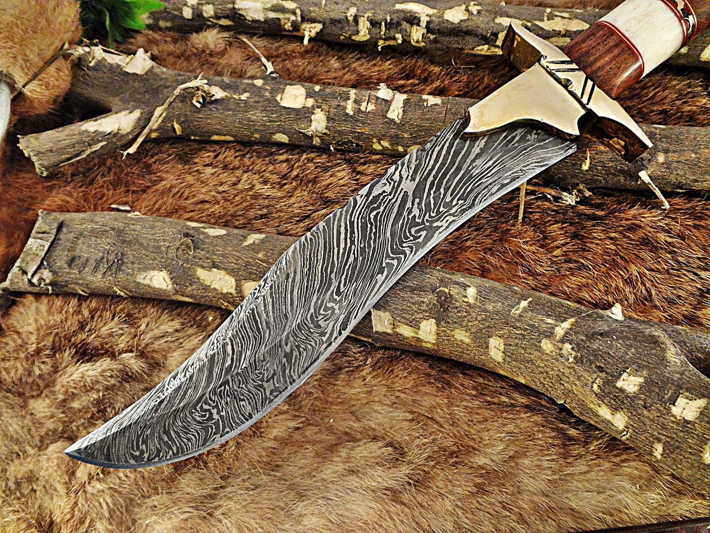 15" Long Hunting Bowie knife, hand forged Damascus steel, Red  Dollar wood with Brass Pommel & Finger guard, Cow Leather sheath