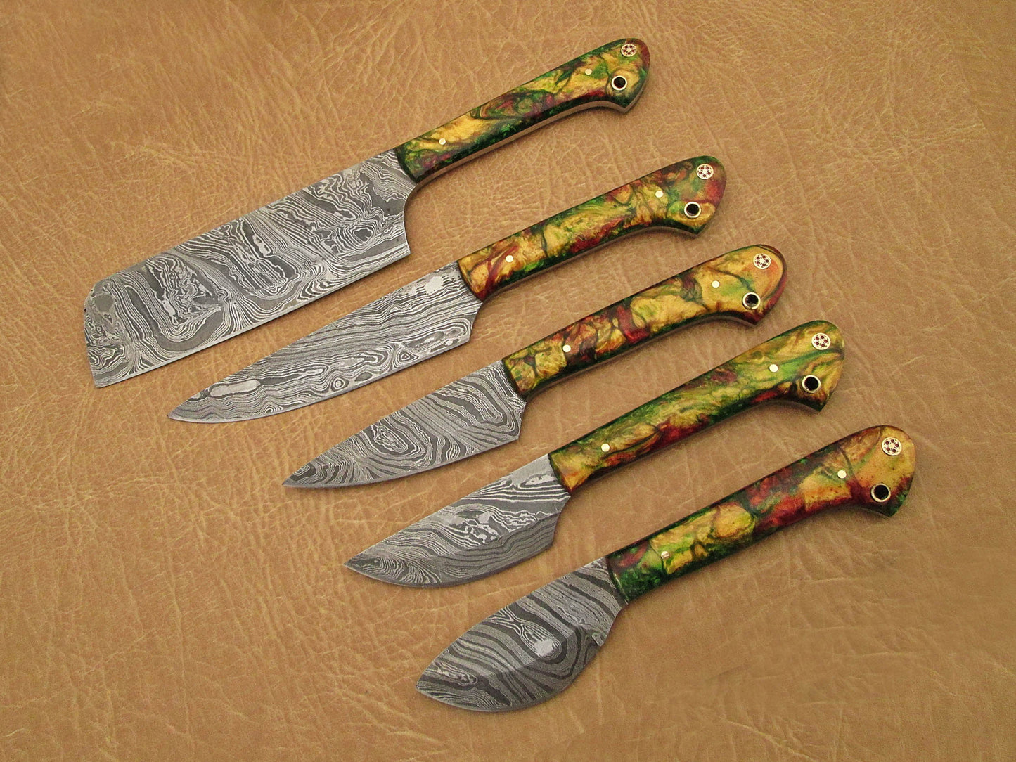 5 Pieces Damascus steel kitchen knife set includes (10.6+9.6+9.0+8.0+7.6)" knives, Camouflage scale, Comes with gift box