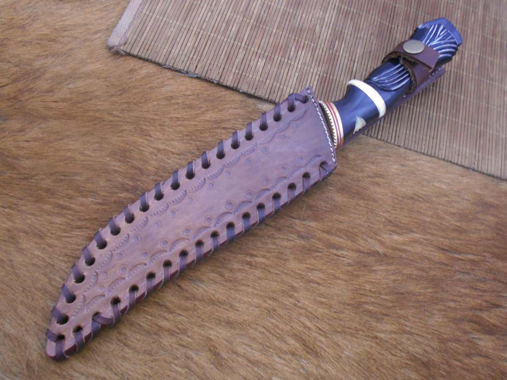 13" Long custom made carved round scale skinning knife crafted with engraved brass, 7.5" Hand forged Damascus steel blade, Cow hide Leather sheath included