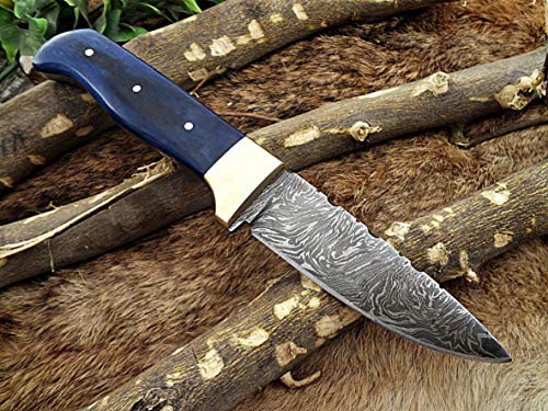 8" Long hand forged hunting Knife, 4" full tang Damascus steel blade, 2 tone Micarta wood with inserting hole, Cow hide Leather sheath