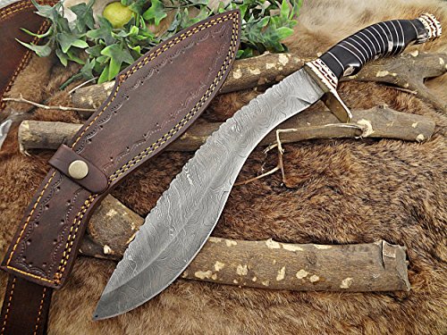 Damascus Steel Kukri Knife 15 Inches custom made Hand Forged With 10" long blade, Black Bull horn with engraved brass scale, Cow Leather Sheath