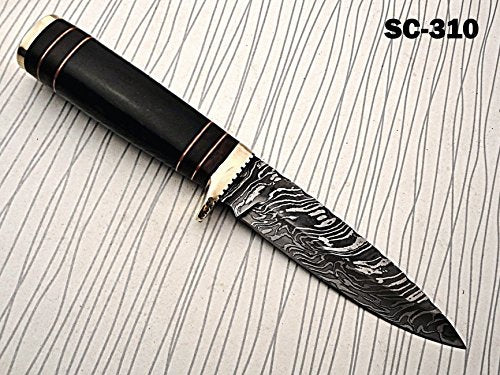 11.5" Long hand forged fire pattern Damascus steel Knife, bull horn with wood & engraved brass scale, thick Cow hide leather sheath