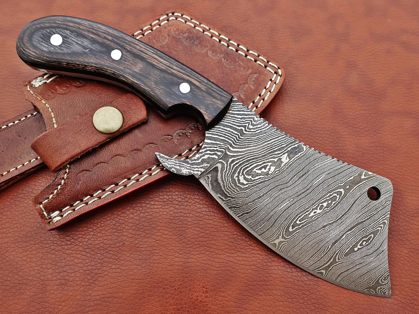 10" hand forged Twist Pattern Damascus steel meat Cleaver, 2 tone black Dollar wood scale chopper knife, Leather sheath included