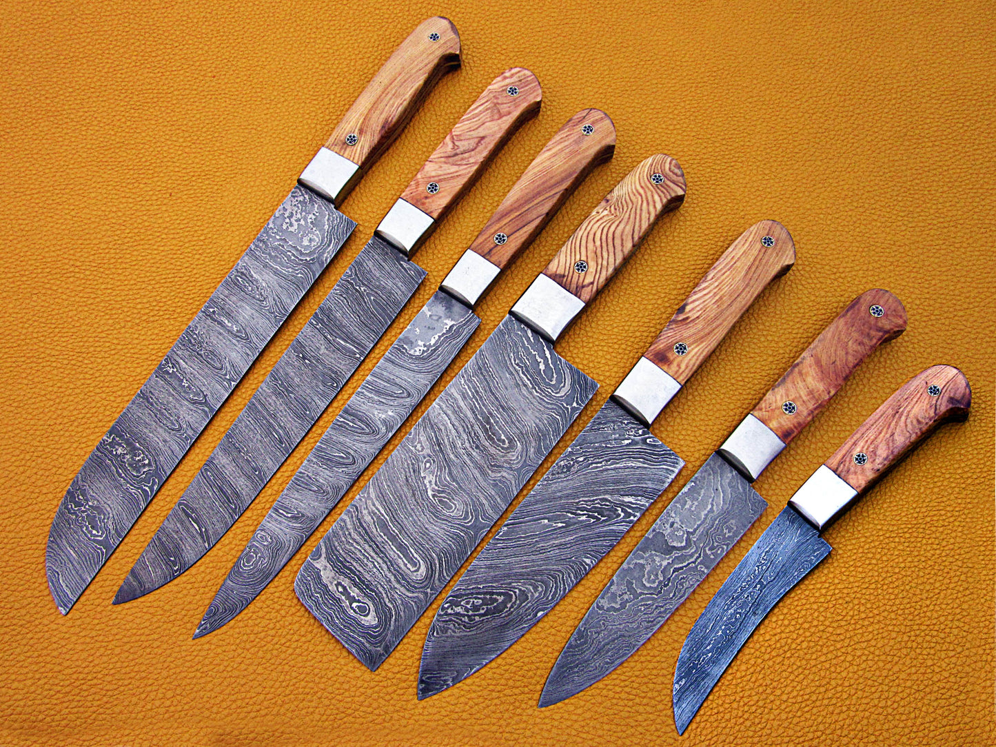 7 pieces Custom made hand forged Damascus steel full tang blade kitchen knife set, Over 75 inches Length of Damascus sharp knives (15+14+13.5+12+11+10+9) Inches, Cow hide Leather sheath