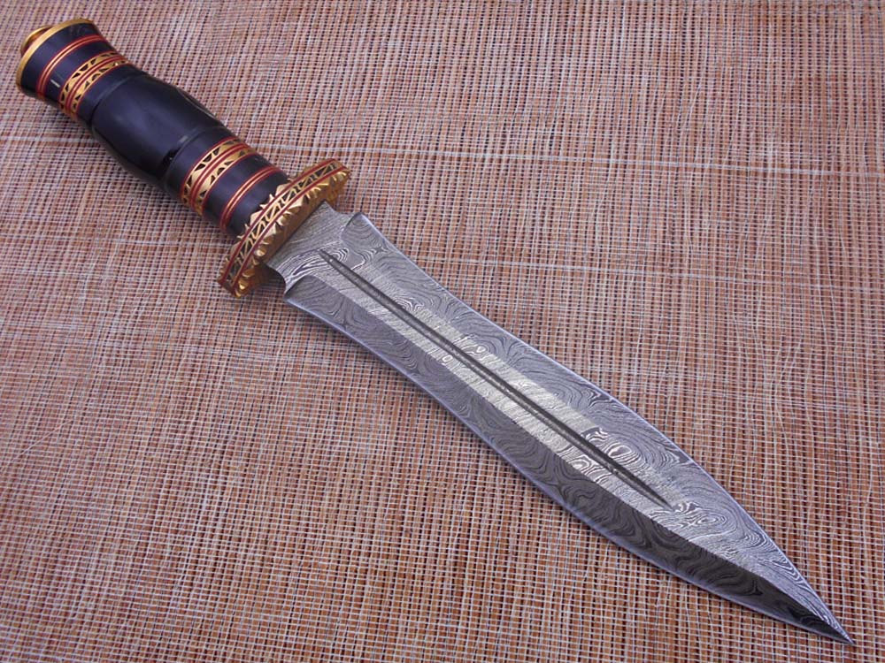 13 Inches long custom made Hand Forged Damascus Steel dagger Knife With 9" blade, exotic engraved brass scale cow leather sheath