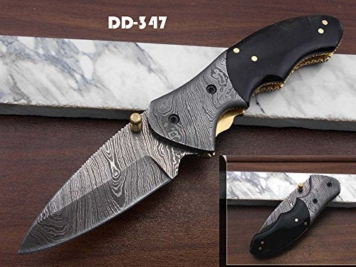 7" Long Damascus Steel Folding Knife with Rose Wood Scale Custom Made 3" Hand Forged Blade Cow Hide Leather Sheath (Wood)