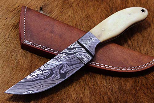 9" Long Skinning Knife, Natural Camel Bone Oval Shape Scale with Damascus Bolster & Inserting Hole, Hand Forged Twist Pattern Damascus Steel Full Tang Blade, Cow Leather Sheath Sheath Included