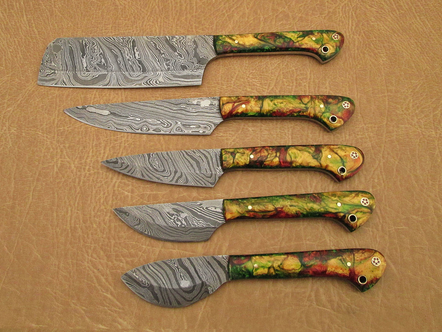 5 Pieces Damascus steel kitchen knife set includes (10.6+9.6+9.0+8.0+7.6)" knives, Camouflage scale, Comes with gift box