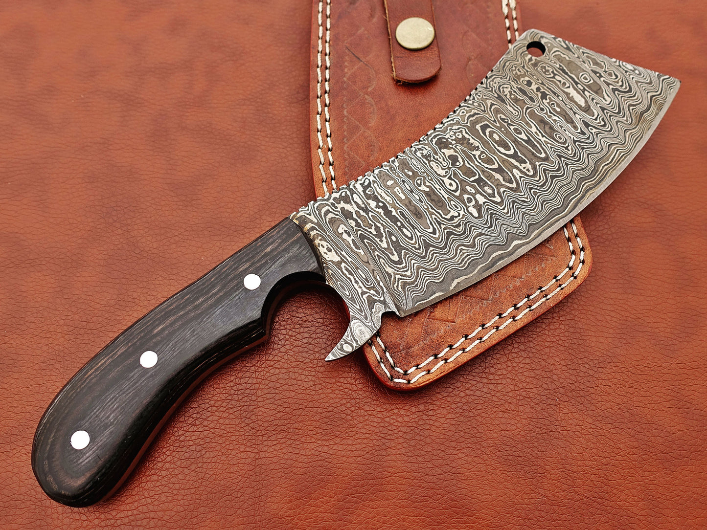12" hand forged Damascus steel meat Cleaver, Walnut wood scale chopper knife, Leather sheath included