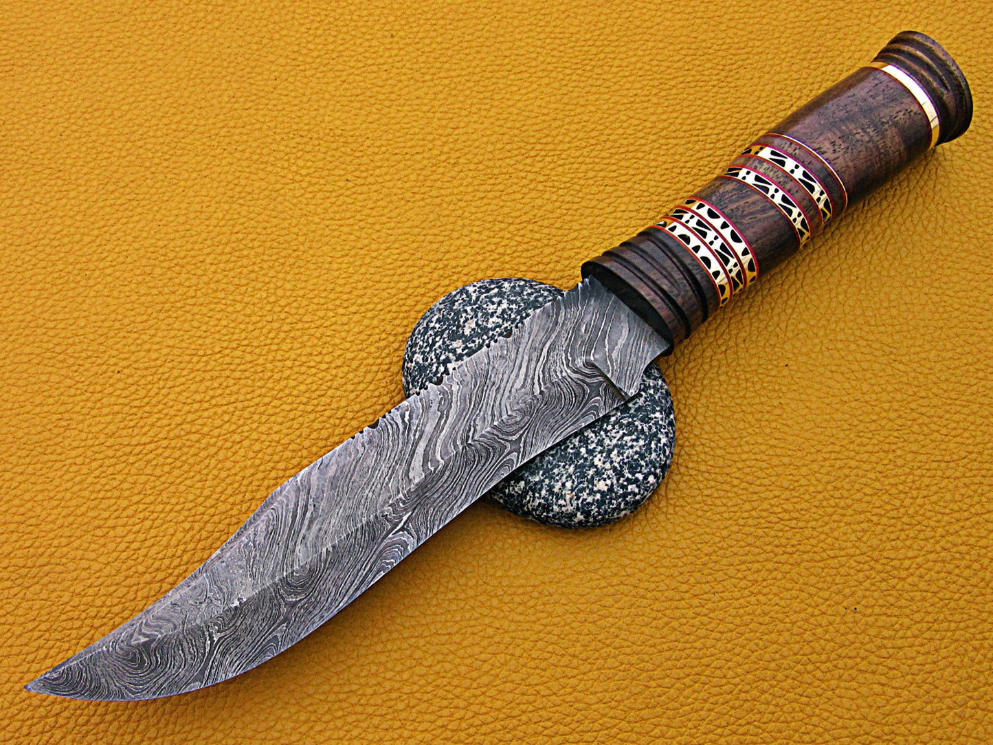 13.5" Long hand forged Damascus steel exotic Hunting Knife with 7" blade, Exotic Rose wood scale crafted with engraved brass & fiber spacing, Cow Leather sheath included