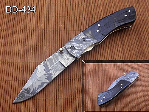 8.3" long hand forged custom made Damascus steel pocket clip folding knife, Natural Ram horn scale with Damascus Bolster cow leather sheath