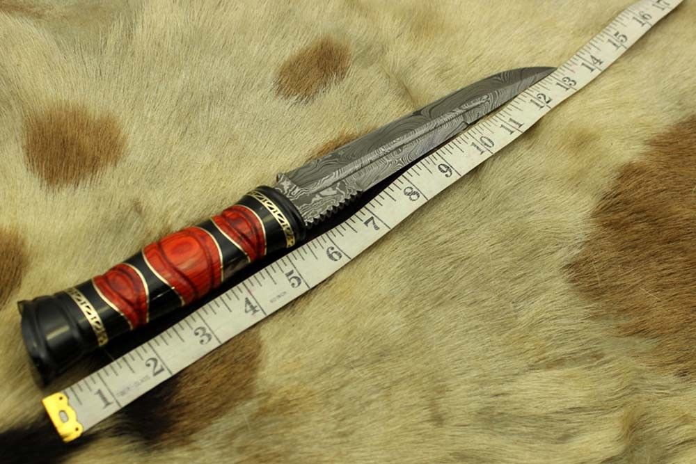 13" Damascus steel skinning knife, exotic hand crafted round scale, Cow sheath