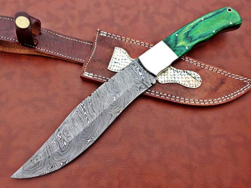 Damascus Steel Nessmuk Knife, 14" Long Custom Made Hand Forged with 8" Long Blade, 2 Tone Green Wood Scale with Steel Bolster, Exotic Cow Hide Leather Sheath Included