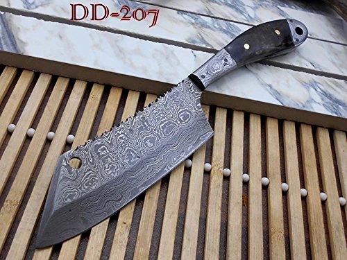 8.8" Long hand forged Twist pattern full tang Damascus steel Butcher Knife, Ram horn scale with bolster, thick Cow hide leather sheath