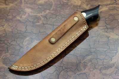 9" Long hand forged Damascus steel Skinning Knife, Round engraved brass, Bull horn & Camel bone scale, Cow hide Leather sheath