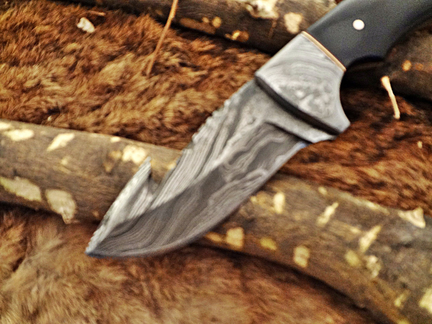 8" Long skinning knife, 4" full tang gut hook blade, hand forged Damascus steel, available in 3 scales, includes Cow Leather sheath