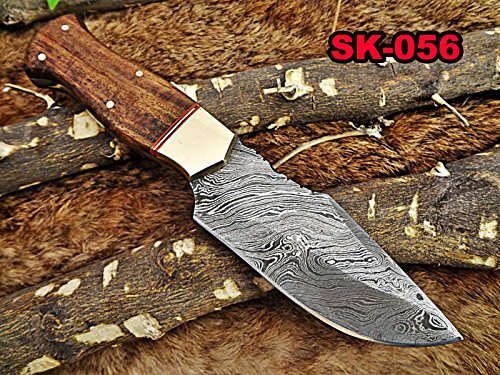 8" Long hand forged skining Knife, 4" full tang hand forged Damascus steel blade, Rose wood with Brass bolster, Cow hide Leather sheath